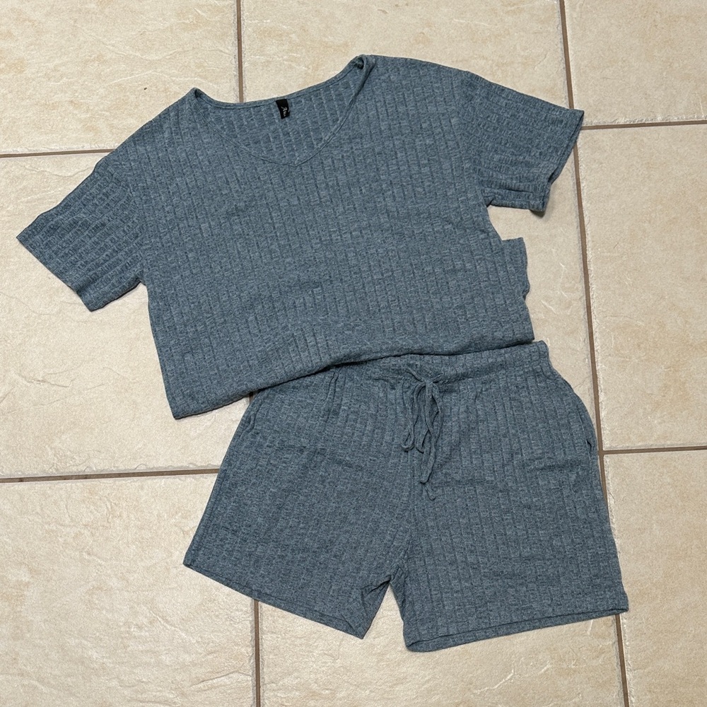 Women's Blue Knit Shorts Set